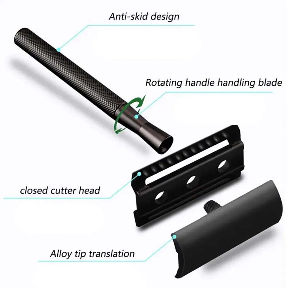 Black Safety Razor Weighted Handle Metal Razor  With 10Double Edge Safety Blade Refills Razor for Men & Women