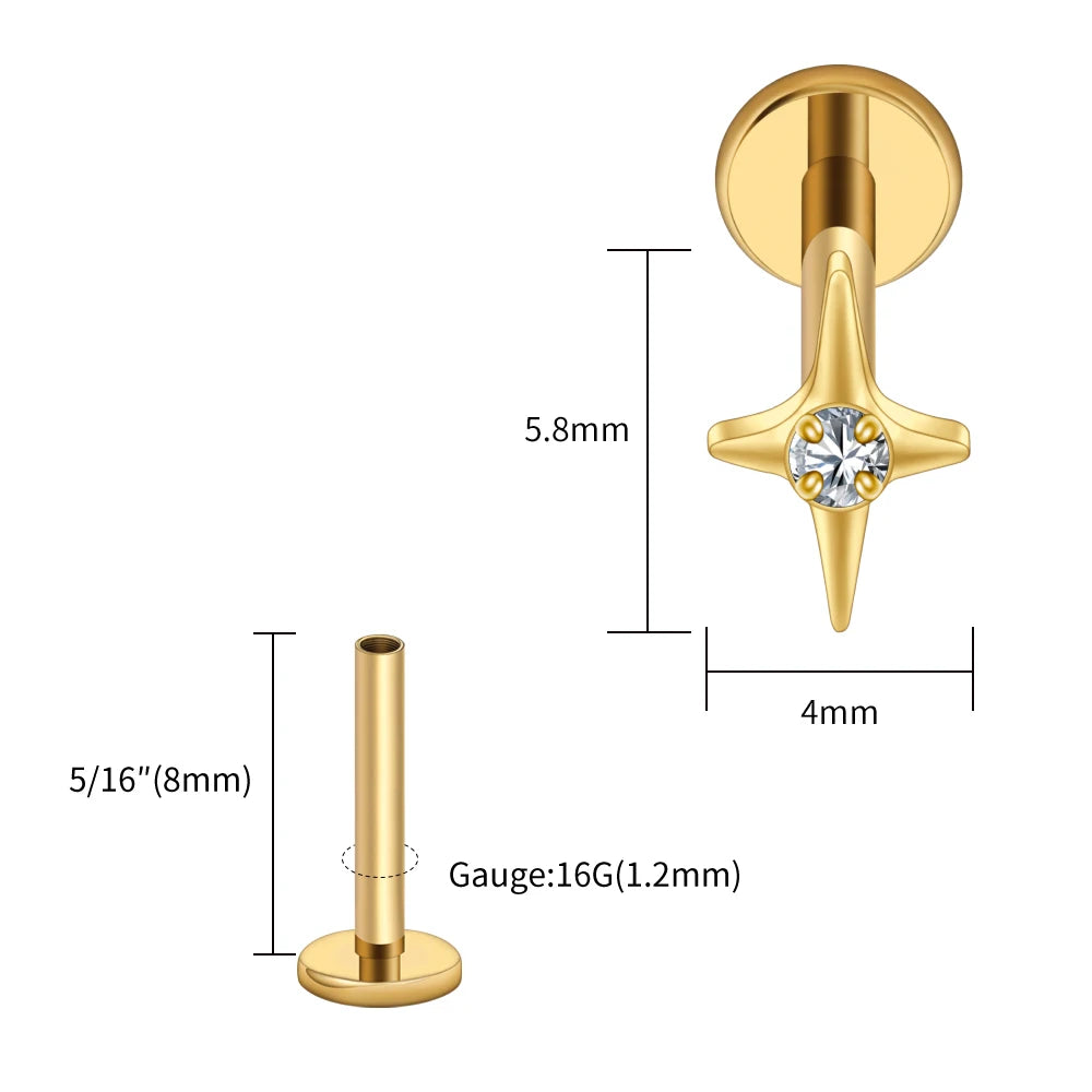 Right Grand ASTM F136 Titanium Four Point Star Flat Back Stud 16G Tiny CZ Cartilage Earring Helix Tragus Nose Piercing Jewelry