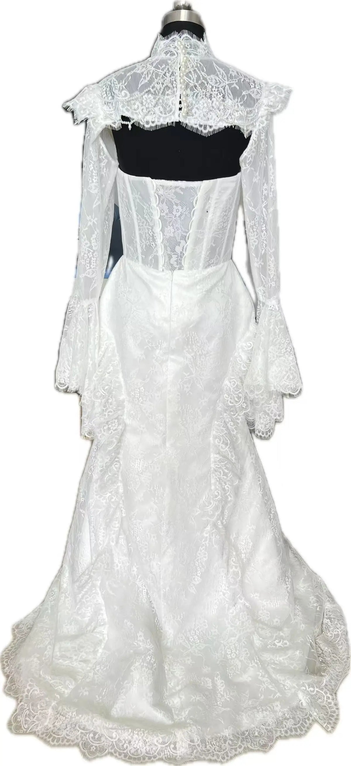 Custom Made Ivory Elegant Lace Mermaid Wedding Dress High Neck Ruched Long Sleeves Corset Backless Bridal Gown with Train