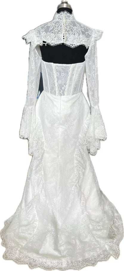 Custom Made Ivory Elegant Lace Mermaid Wedding Dress High Neck Ruched Long Sleeves Corset Backless Bridal Gown with Train