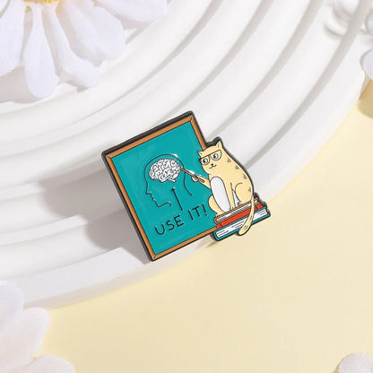 Cute Cat Teacher Brooch Enamel Pin Cat Teaching Use It Brain Encourage Thinking Brooches Clothes Lapel Badge Animal Jewelry Gift