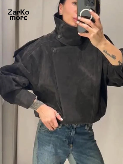 Fashion Dark Gray Suede Bomber Jacket Women Stand Collar Full Sleeve Oversize Asymmetric Street Coats 2026 Autumn Lady Jackets