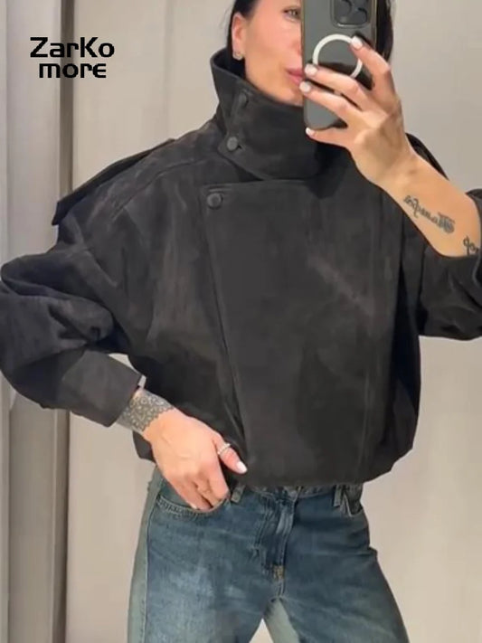 Fashion Dark Gray Suede Bomber Jacket Women Stand Collar Full Sleeve Oversize Asymmetric Street Coats 2026 Autumn Lady Jackets