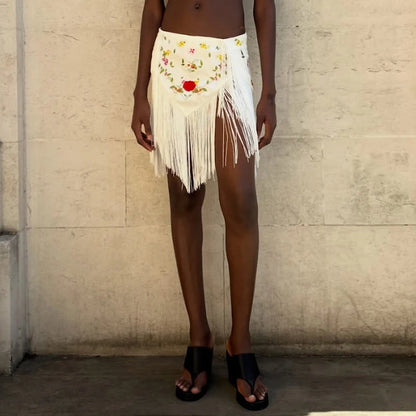 Floral Embroidery Fringe Wrap Mini Skirt Low Rise Self Tie Asymmetrical Hem 2026 Spring Summer Festival Women Boho Party Outfit