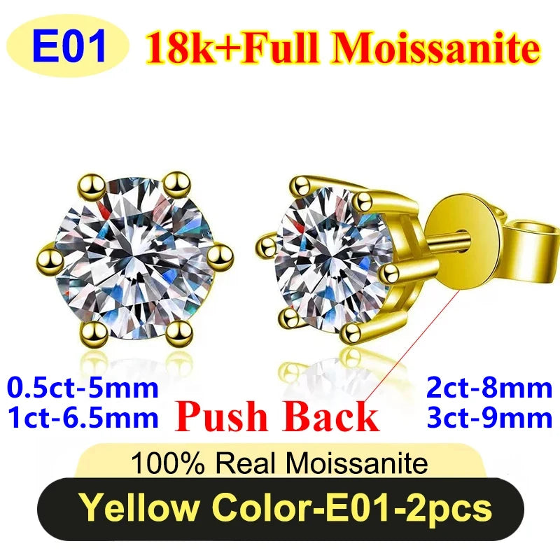PureNew 0.5-3ct Classic Full Moissanite Earrings For Women S925 Silver Plated 18k Gold D Color VVS1 Women's Moissanite Earrings