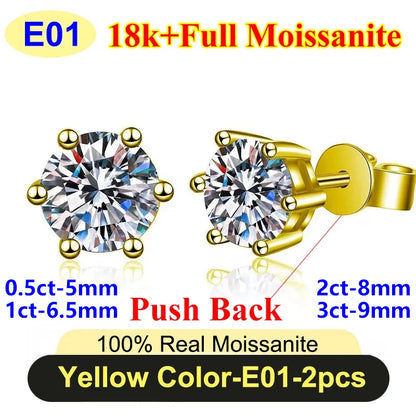 PureNew 0.5-3ct Classic Full Moissanite Earrings For Women S925 Silver Plated 18k Gold D Color VVS1 Women's Moissanite Earrings