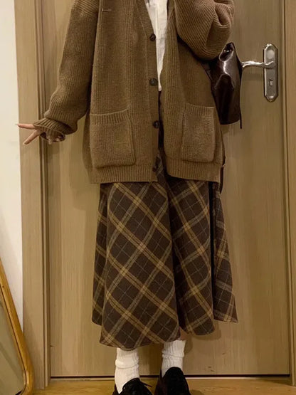 Retro Plaid Woolen  Skirt Women's Autumn Winter High Waist Slim A-Line Midi Skirt Elegant Fashionable Ladies' Skirt
