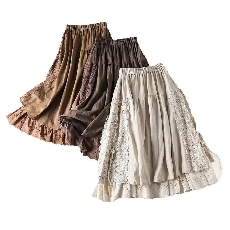 Vintage Chic Embroidery Linen Cotton Long Skirts Women Summer Elastic High Waist Pleated Maxi Skirt Female Elegant A-Line Skirt