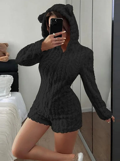 Trendy Cartoon Bear Pattern Warm Jumpsuit Shorts Women Plush Hooded Flannel Loungewear Lady New Autumn Winter Effortless Outfits