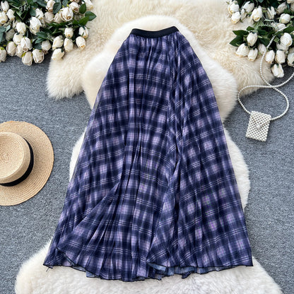 High Waist A-Line Midi Skirt Women's Plaid Elastic Waist Slimming Skirts Commute Korean Style Standard Fit Polyester Fiber