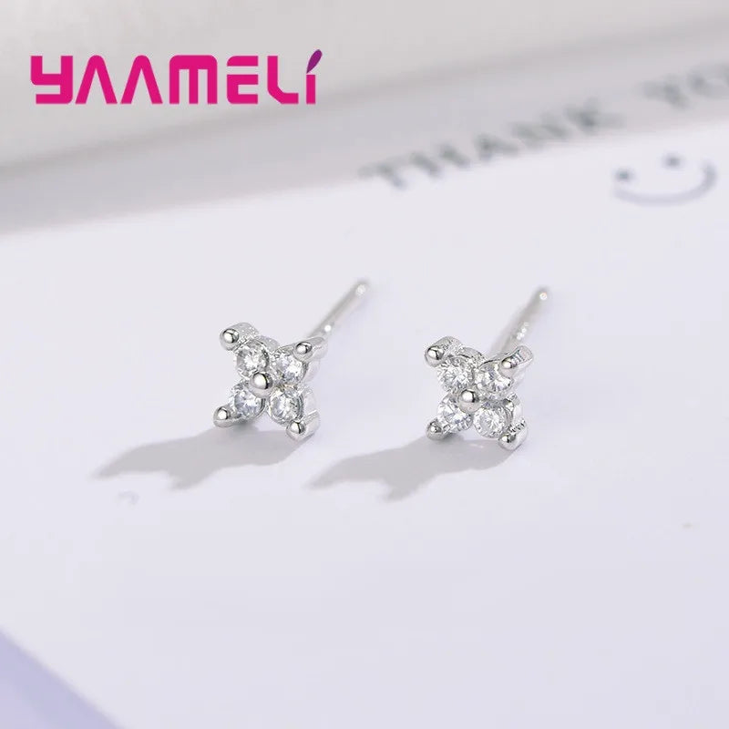 100% Real 925 Sterling Silver Color Clover Stud Earrings Bright Zircon Earrings For Women Girl Fashion Trendy Jewelry