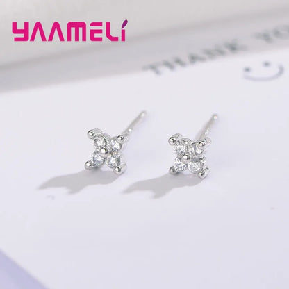 100% Real 925 Sterling Silver Color Clover Stud Earrings Bright Zircon Earrings For Women Girl Fashion Trendy Jewelry