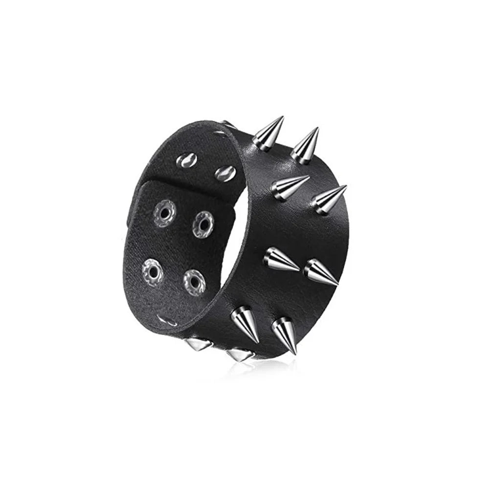80s Black Round Square Gothic Spike Bracelet Punk Rock Bracelet Studded Faux Leather Bracelet for Men Women