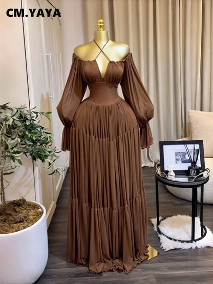 CM.YAYA 2026 Fall Winter Women Long Sleeve Slash Neck Long Maxi Dress Slim Evening Birthday Trendy Sexy Vacation Party Dresses