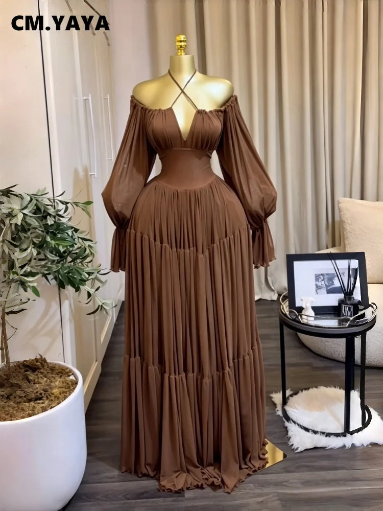 CM.YAYA 2026 Fall Winter Women Long Sleeve Halter Big Swing Long Maxi Dress Evening Birthday Trendy Sexy Vacation Party Dresses