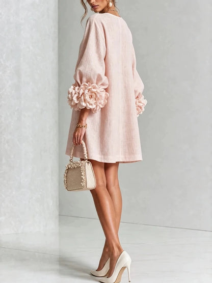 Women Linen Mini Dress O Neck Puff Long Sleeve 3D Flower Cuff Decor Flower Button Loose Casual Short Dresses for Party Vacation