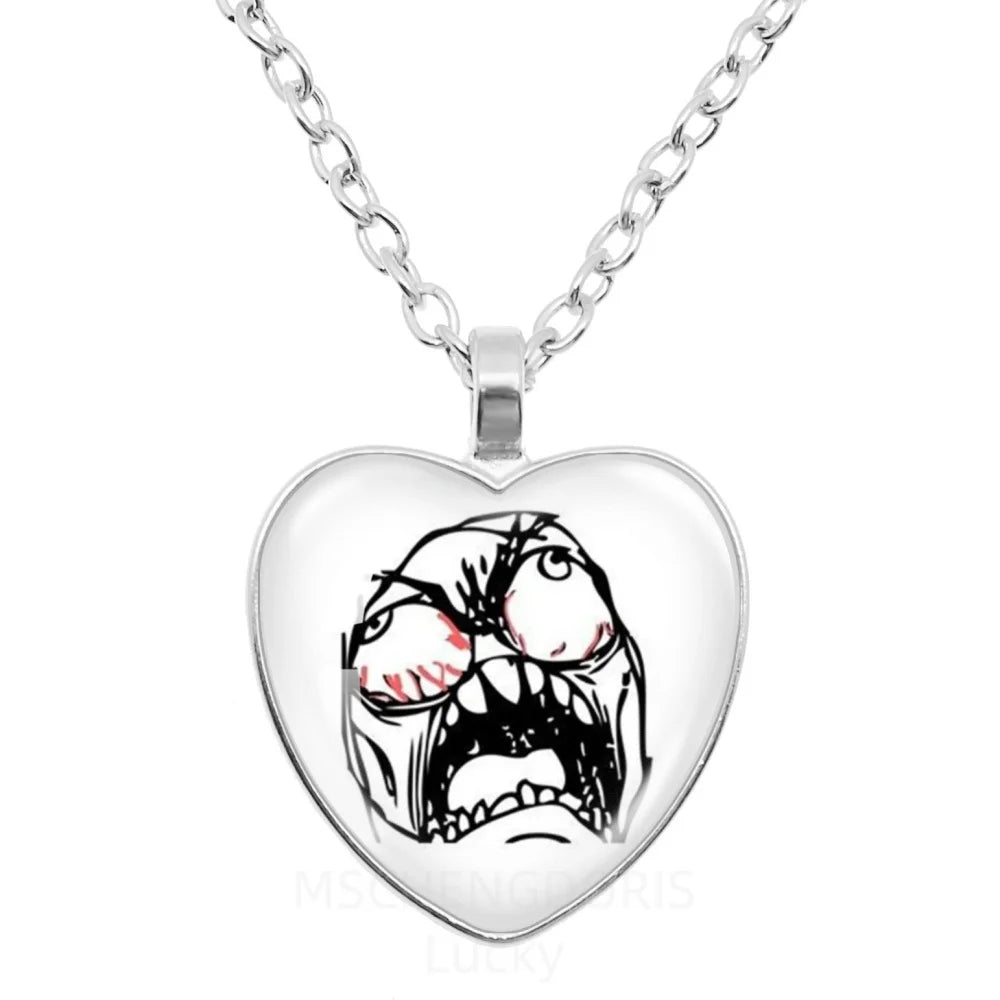 Rage Comic Necklace Derp Face Trollface Funny Meme Cartoon Glass Heart Shape Pendant Chain Necklace Charm Jewelry Collect Gift