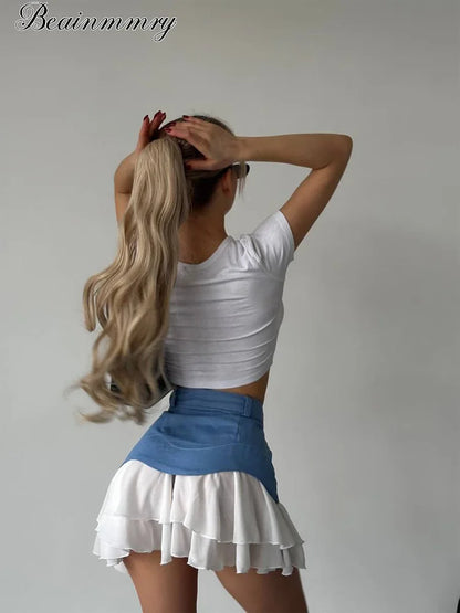 Women Denim Patchwork Mini Skirt High Waist Ruffled Chiffon Layered Skirt Y2k A‑line Short Skirt Streetwear Party Club Outfits