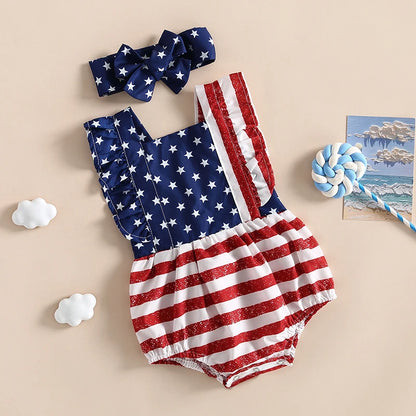 Citgeett Summer Independence Day Infant Baby Girl Outfits Sleeveless Backless Ruffle Bodysuit Headband Clothes Set
