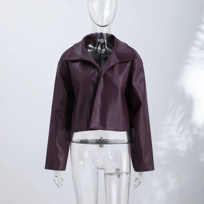 Casual Pu Leather Women's Jacket Chic Solid Long Sleeve Stand Collar Female Outwear 2026 Autumn Winter Street Short Lady Jacket