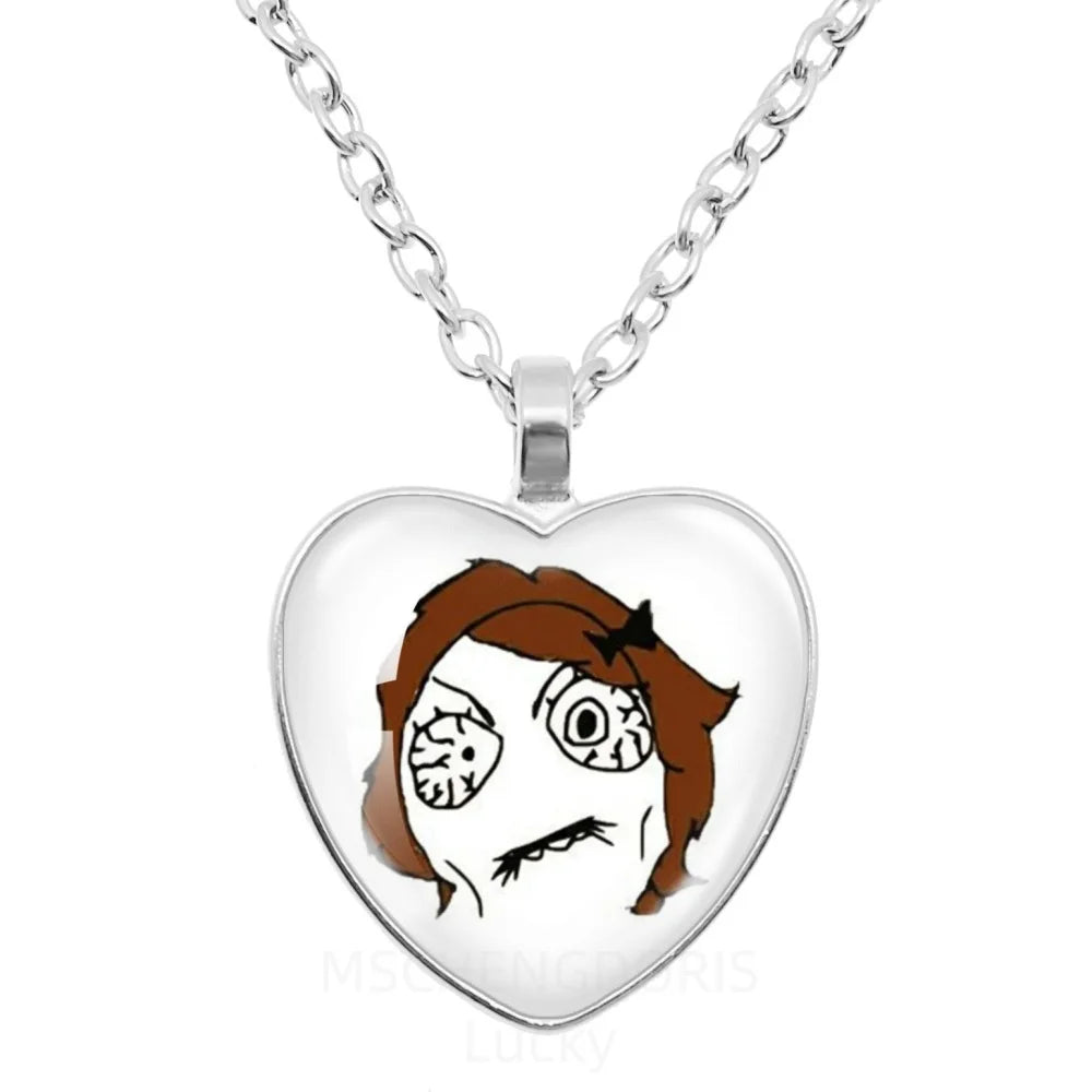 Rage Comic Necklace Derp Face Trollface Funny Meme Cartoon Glass Heart Shape Pendant Chain Necklace Charm Jewelry Collect Gift
