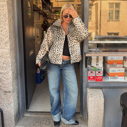 Women Leopard Print Faux Fur Jacket Zip Up Stand Collar Cropped Loose Fit Fuzzy Coat Vintage Street Casual Ladies Outerwear
