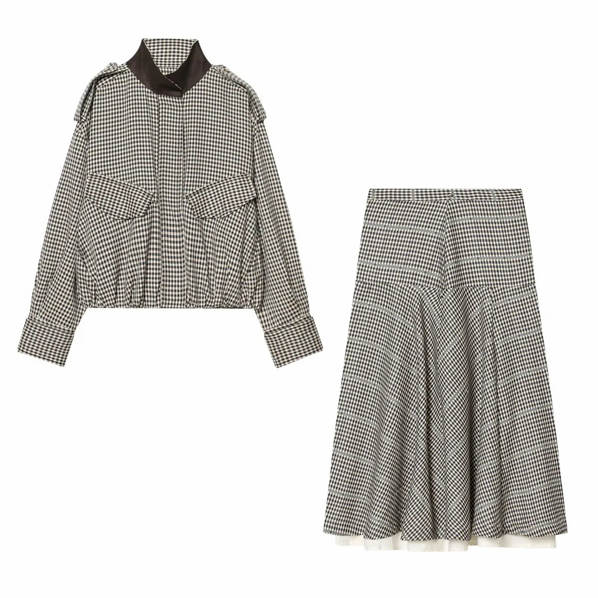 Women Spring Skirt Suit Elegant Women Single Breasted Plaid Pilot Jacket+Side Zipper Splicing Pleated Midi Dress Lady Suit