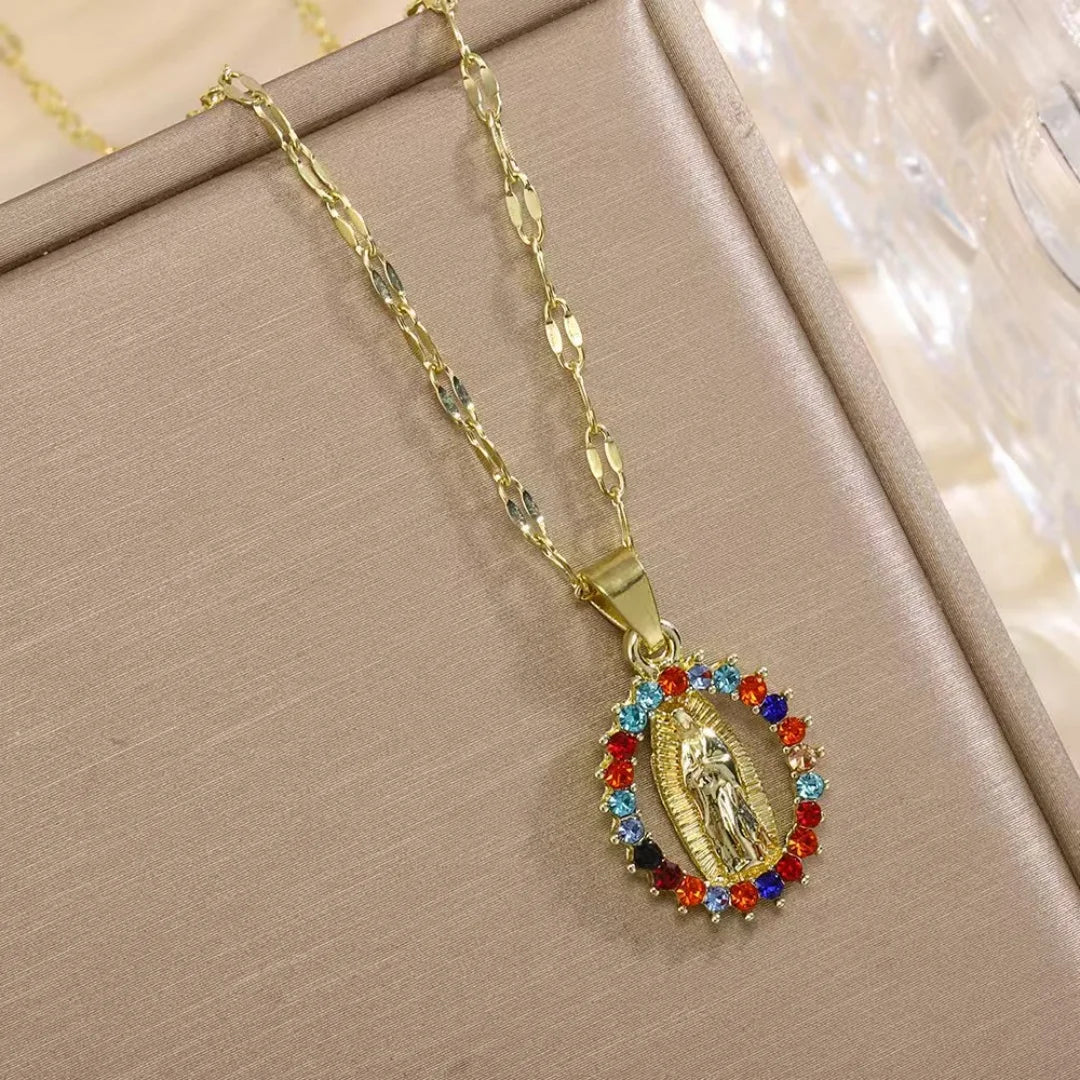 EXQUISITE AND STYLISH DESIGN, HOLLOW NECKLACE OF THE VIRGIN MARY ADORNED WITH BEAUTIFULLY SET COLORED ZIRCONIA