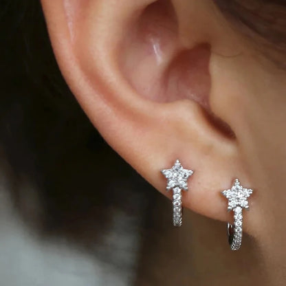 Huitan Fashion Star Hoop Earrings with Dazzling CZ Simple Stylish Ear Accessories for Women Silver Color Exquisite Jewelry