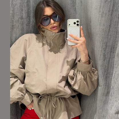 Lapel Women's Outerwear Waist Cinching Belted Jacket Drop Shoulder Cropped Cargo Trench Coat Meilaid Style Daily Fashion Wear