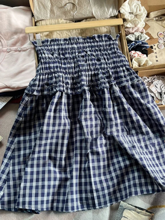 Blue Plaid Vintage Midi Skirt Women Summer New Elastic Waist Loose A-line Faldas Bottom Preppy Style Sweet Casual Long Skirts