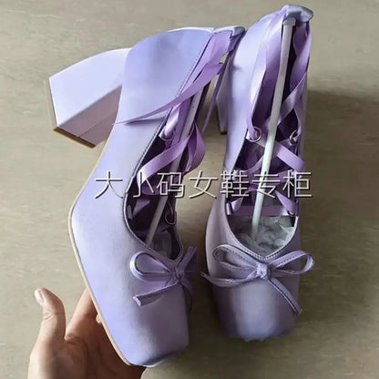 Brand Big Size 43 Square Heels Pink Cross-tied Ballerina Pumps Satin White Lace-up Sweet Lolita Mary Janes Ballet Shoes Women