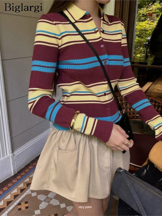 Women's Striped Collared Knit Top