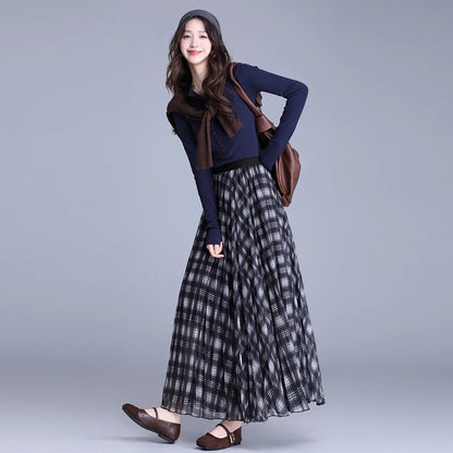 LOUISYAO Contrast Color Plaid Long Skirt Women 2025 Autumn High Waisted Elastic Waist A Line Midi Skirt Casual Bottoms