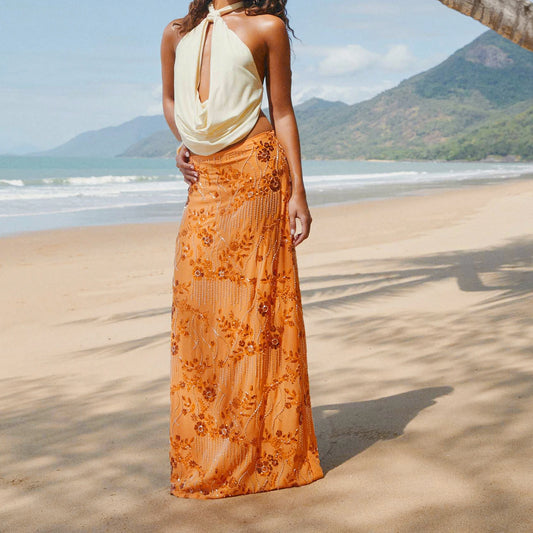 Women Sequins Sexy Maxi Skirts Summer Y2K Pearl Embellished Glitter Low Waist Elegant Clubwear Sparkle Bodycon Long Skirts