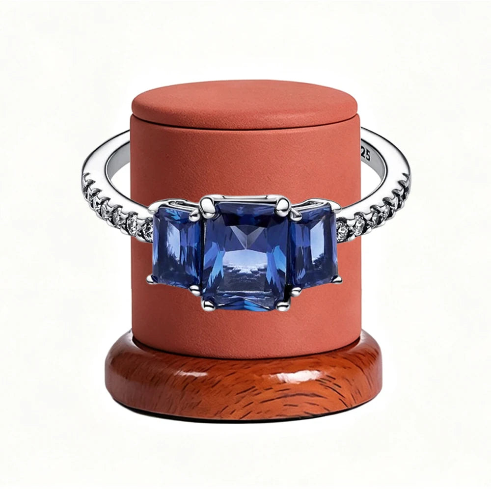 New 925 Silver Sparkling Double Heart Blue Pear Blossom Ice Pillar High Princess Crown Ring Fashion DIY Charm Jewelry