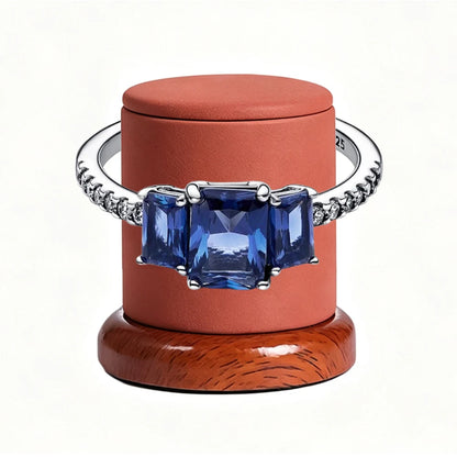 New 925 Silver Sparkling Double Heart Blue Pear Blossom Ice Pillar High Princess Crown Ring Fashion DIY Charm Jewelry