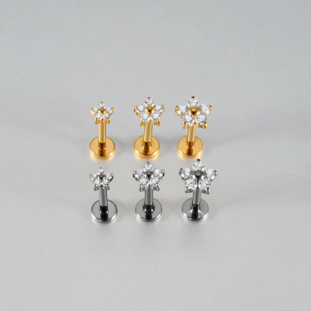 1/5PCS F136 Implant Titanium Earrings Stud,Trendy Flower Zirconia Cartilage Earrings,Tragus Conch Helix Piercing Jewelry
