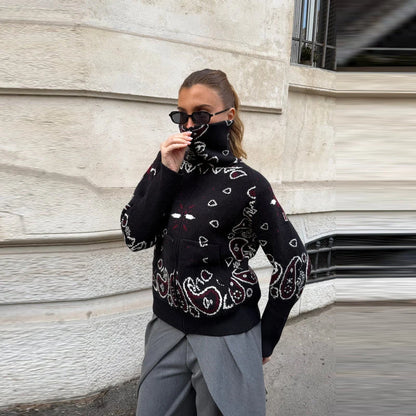 Casual Women's Jacquard Knit Cardigan Loose Stand Collar Zipper Long Sleeve Pockets Sweater 2026 Autumn Lady Vintage Sweaters