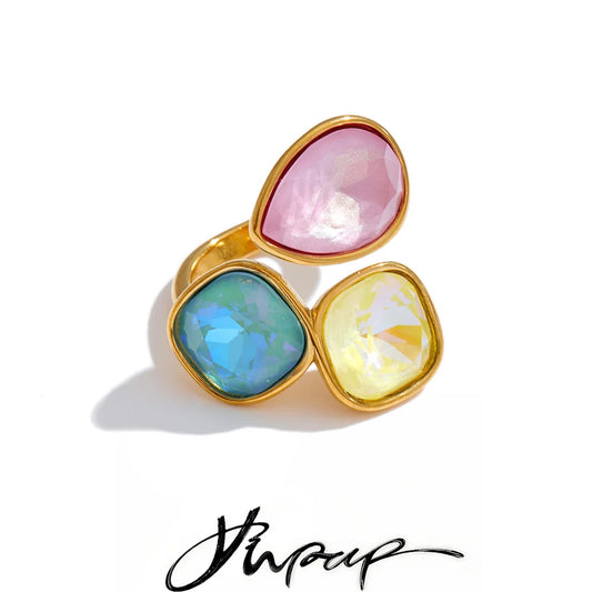 Yhpup Stainless Steel Colorful K9 Crystal Open Adjustable Ring 18K Golden PVD Plated Fashion Finger Jewelry Water Resistant
