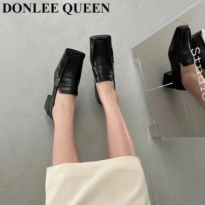 Women Casual Loafers Simple Style Square Toe Low Heels Pumps Fashion British Moccasin Female Slip On Shoes For Party Dress Mujer