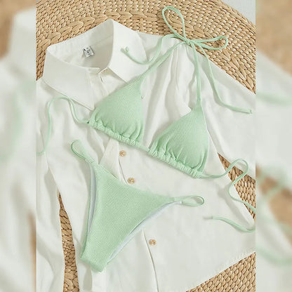 2025 Special Pit Stripe Fabric Bikini Set Women Sexy Simple Solid Halter Bikini Swimsuit High Waisted Lace Up Beach Bathing Suit