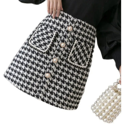 Women 2025 New Wool Houndstooth Short Skirt for Women in Autumn and Winter High-waisted Slim and Versatile A-line Hip-pack Skirt