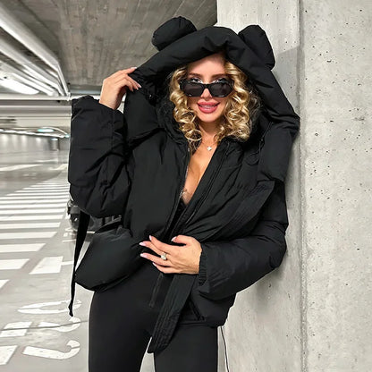 Bear Ear Hooded Women Jacket Drawstring Zippers Cropped Padded Coat Female 2026 Winter Chic Street Fashion Lady Outerwear