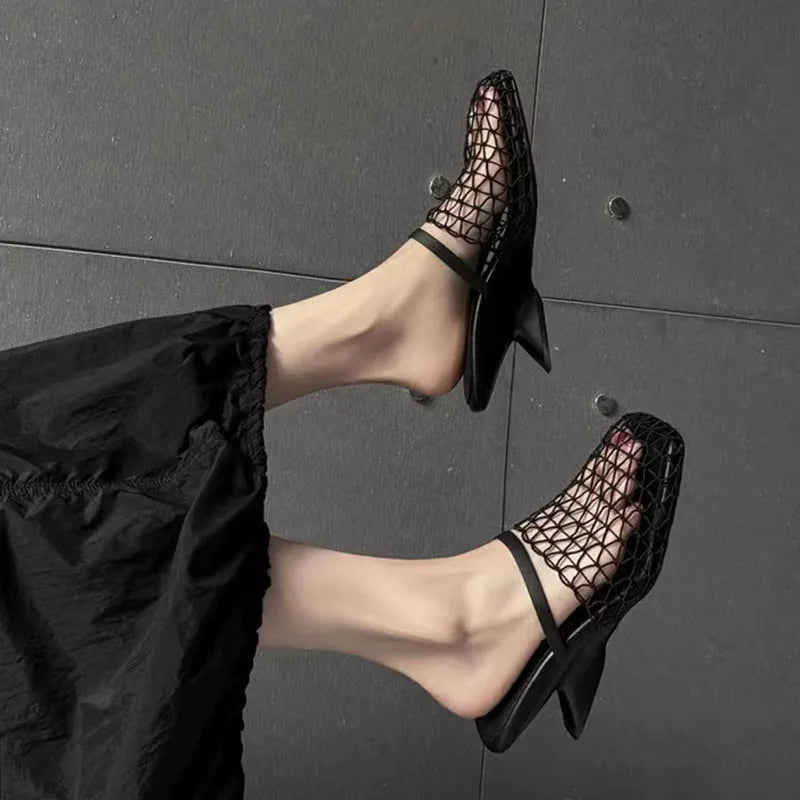 Women's Cutout Mesh Heeled Mules