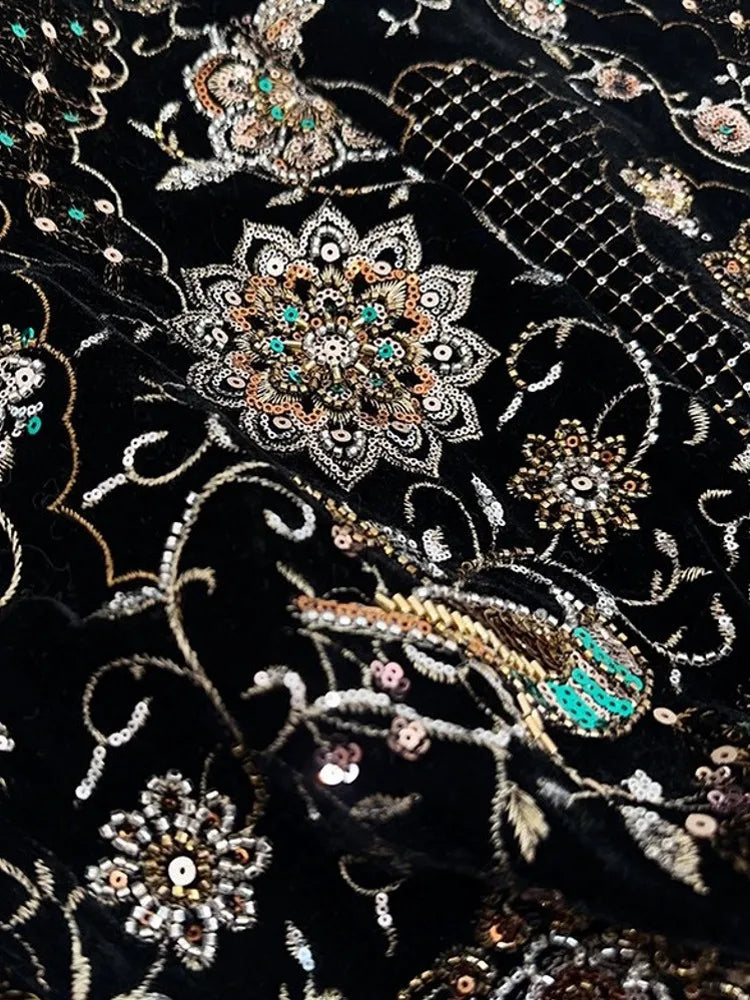 Designer Fashion Winter Women Casual Long Beading Embroidery Sequined Skirt High Waist Vintage Elegant Lady Floor Length Skirts