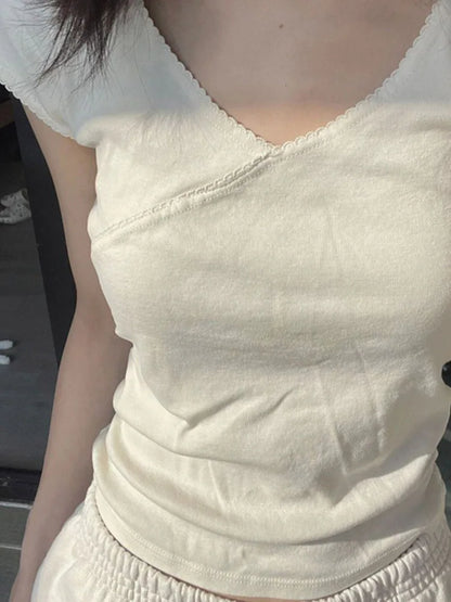 Vintage Slim Fit Cotton T-Shirt Summer V-Neck Streetwear 2025 Femme Sweet Cute Y2K Style Simple Top for Women