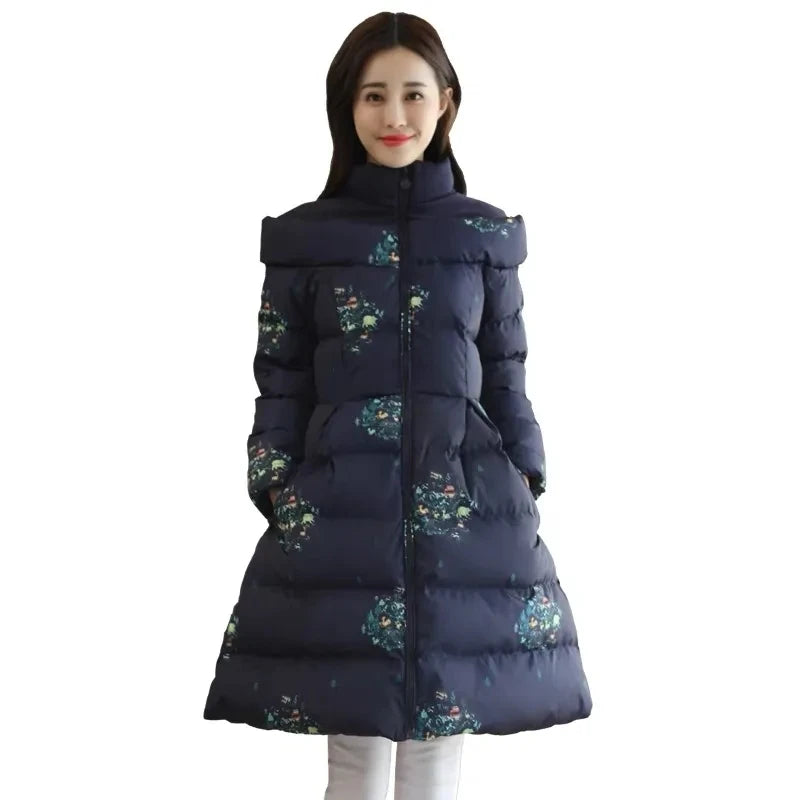 Cotton Jacket Women's Medium Long 2026 Winter New Korean Version Slim Print Thick Cotton Cloak Jacket Female Warm Parka Overcoat