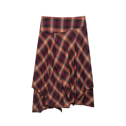 YENKYE Women Multicolored Plaid Midi Skirt High Waist Double-layer Sexy Slit Asymmetrical Skirts