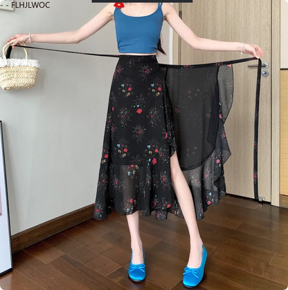 2025 Chic Korea Clothes Summer Women Cute Sweet GIrl Floral Robe Holiday Date High Waist Retro Vintage One-Piece Lace-Up Skirts